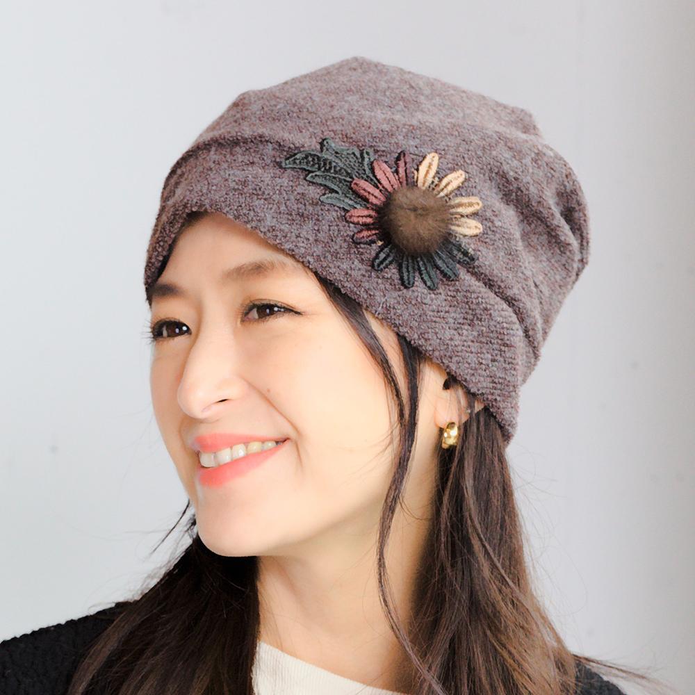 花刺繍ニットフード