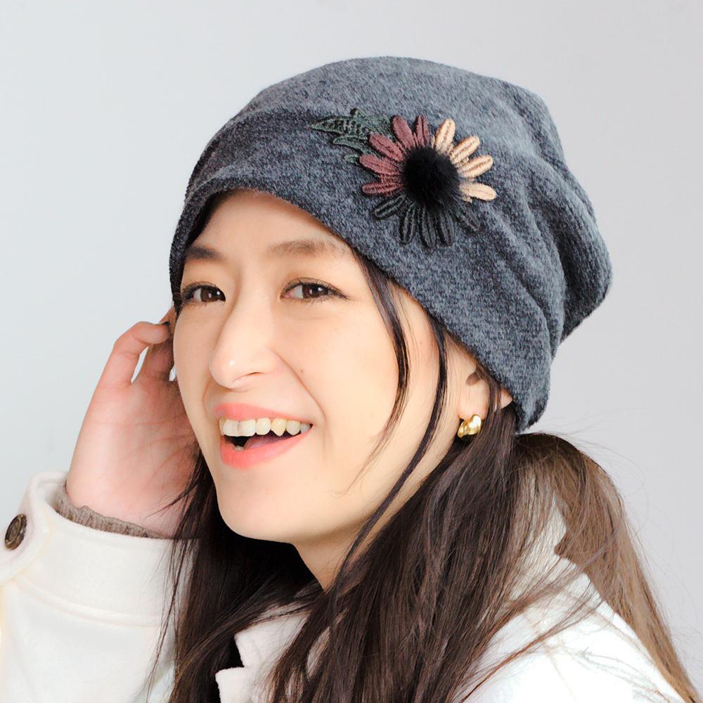 花刺繍ニットフード